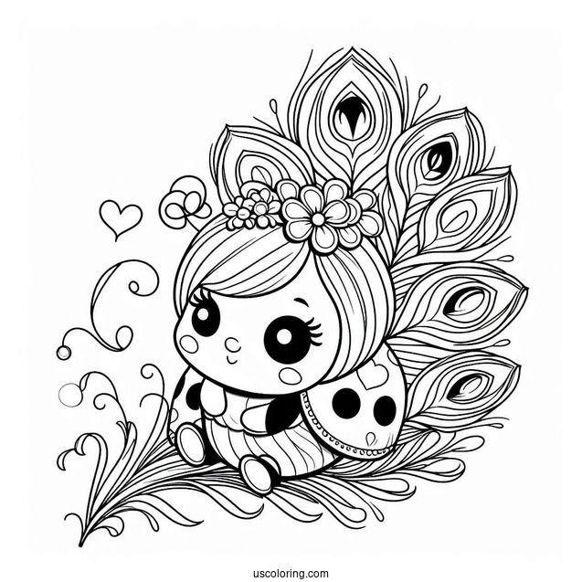 Cartoon Ladybug Sitting On Peacock Coloring Page with Flower Hat and Heart Shaped Tail Feathers