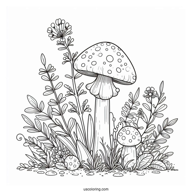 Wildflowers And Weeds Growing Around Mushroom Coloring Page