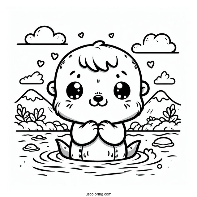 Kawaii Otter Coloring Page Holding Hands While Floating On River