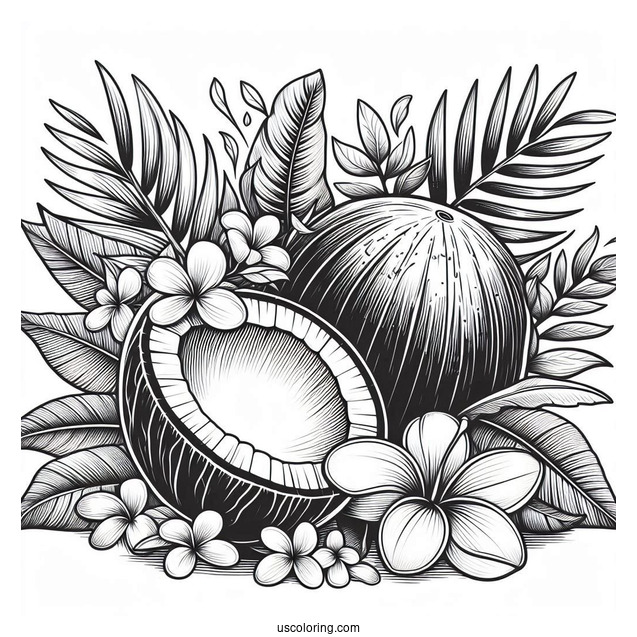 Open Coconut Coloring Page With Leaves And Flowers