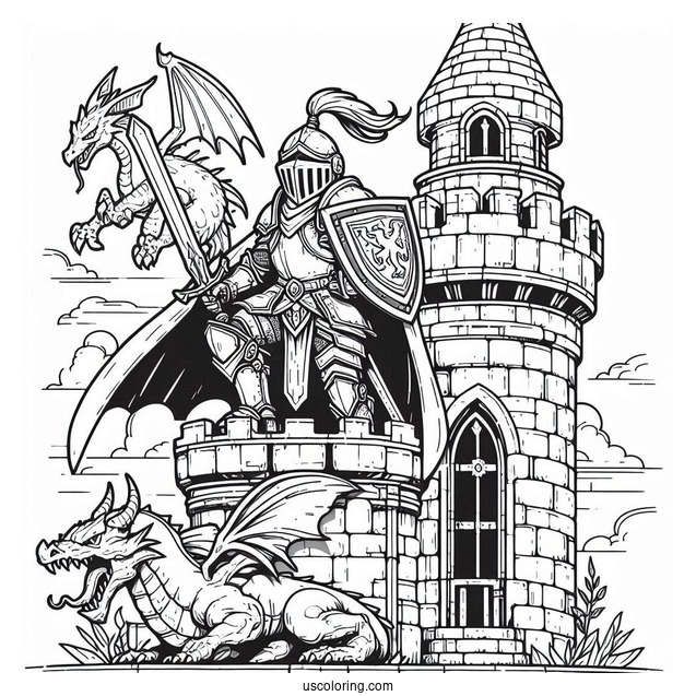 Coloring Page Of Knight With Dragon On Tower