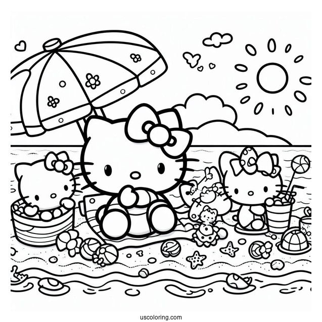 Hello Kitty And Friends Lounging At The Beach Coloring Page