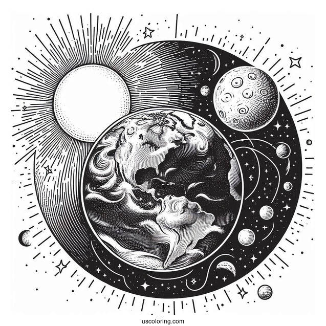 Realistic Earth With Sun And Moon In Outer Space Coloring Sheet