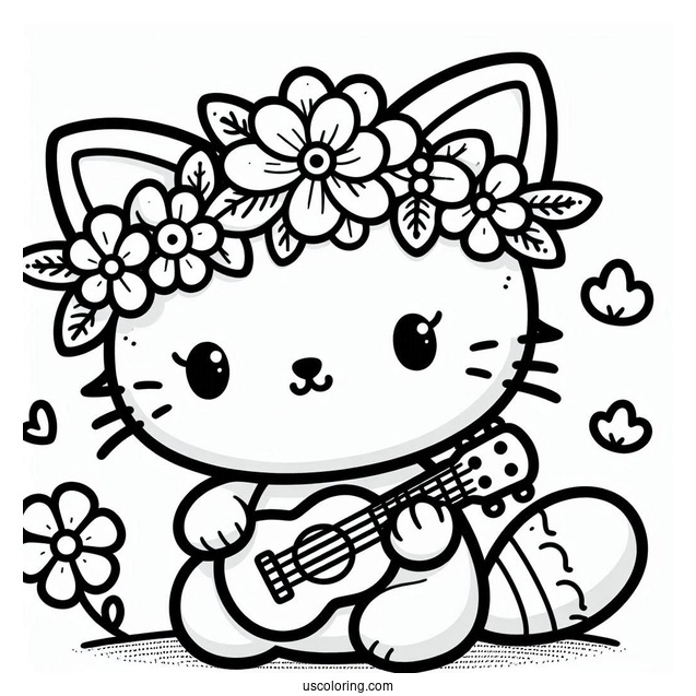 Kawaii Cat With A Flower Crown Playing The Ukelele
