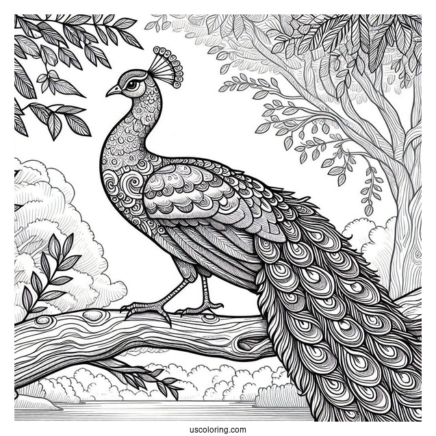 Realistic Peacock Coloring Page on Tree Branch in Forest For Adults