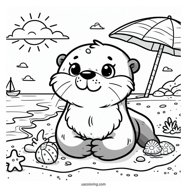 Cute Cartoon Otter Coloring Page On The Beach For Preschoolers