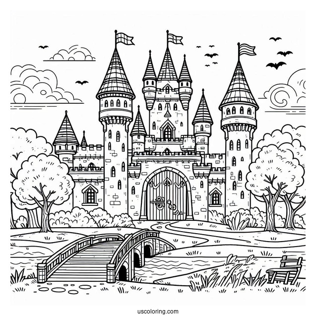 Medieval Castle Coloring Page With Moat