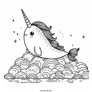 Narwhal Coloring Page With Pretty Mane In The Clouds For Kids