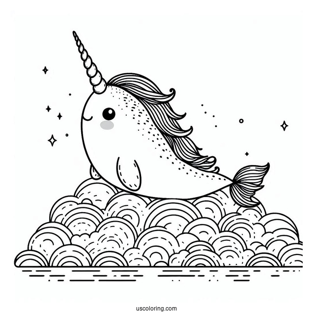 Narwhal Coloring Page With Pretty Mane In The Clouds For Kids
