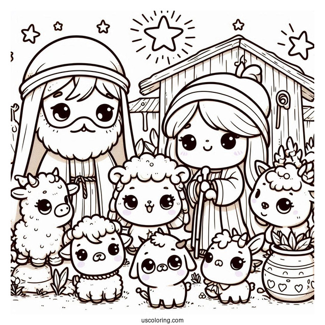 Kawaii Nativity Coloring Page With Animals Surrounding Joseph, Mary, And Jesus For Kids
