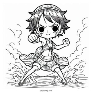 Kawaii Luffy Coloring Page In Fighting Pose On The Sea For Kids