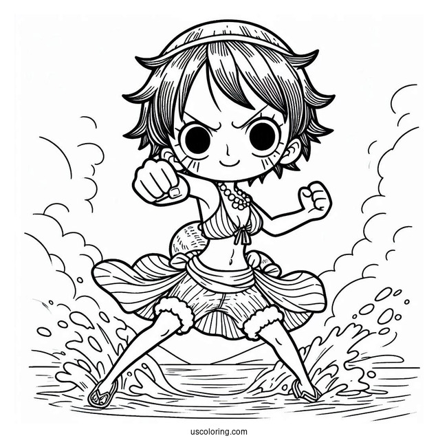 Kawaii Luffy Coloring Page In Fighting Pose On The Sea For Kids