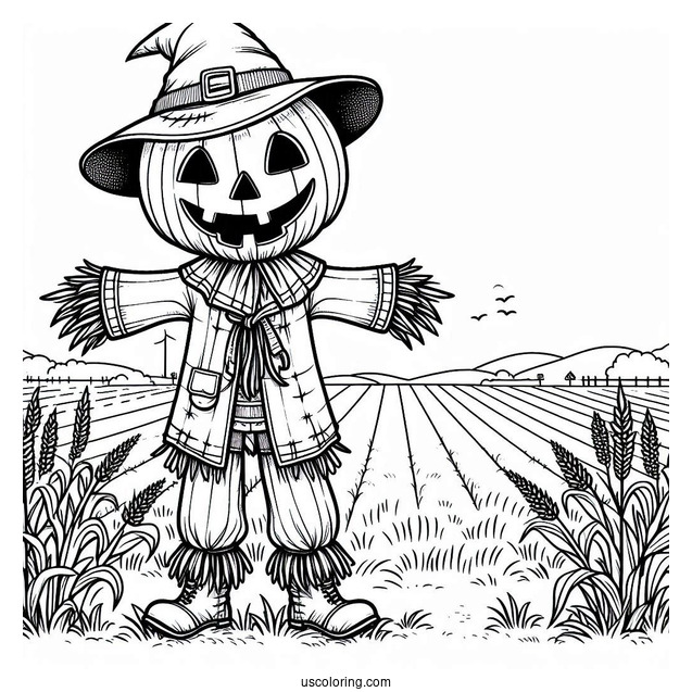Pumpkin Head Scarecrow Coloring Page On A Vast Field