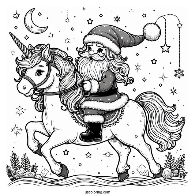 Santa Claus Riding a Unicorn Coloring Page