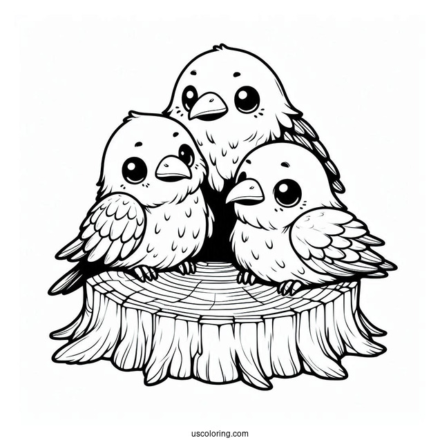 Three Chibi Raven Coloring Page Living Inside A Tree Stump For Kids