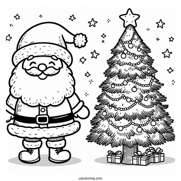 Jolly Santa Next To Christmas Tree