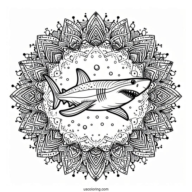 Mandala With Shark Coloring Page Outline