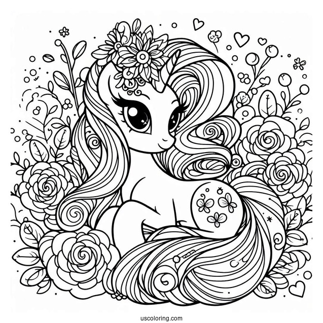 Rarity Coloring Page Covered In Flowers For Kids