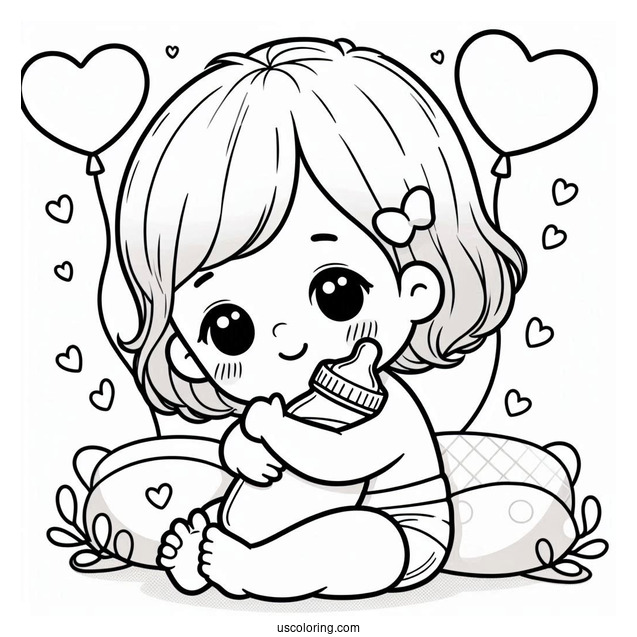 Baby Coloring Page Hugging Milk Bottle With Heart Balloons