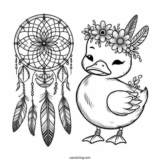 Duck Dreamcatcher with Feathers and Flowers Coloring Sheet