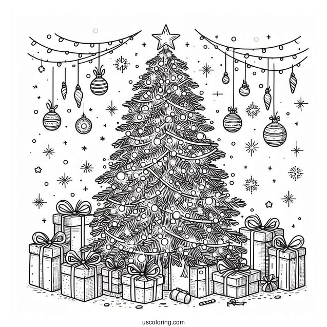 Christmas Tree With Light, Tinsel And Presents