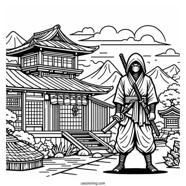 Ninja In An Old Japanese Village Coloring Sheet