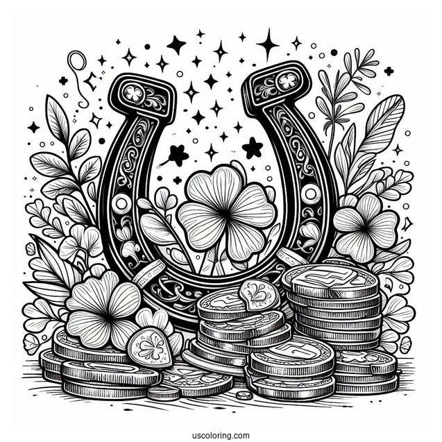 Lucky Horseshoe With Shamrocks And Coins To Color