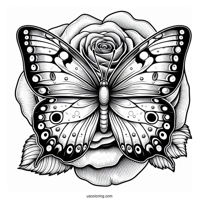 Realistic Butterfly Coloring Page On A Large Rose