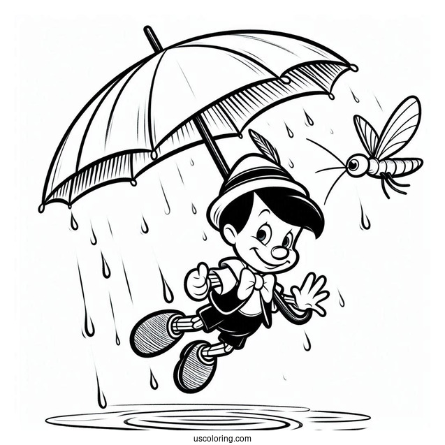 Pinocchio Coloring Page Of Jiminy Cricket Floating Down Using Umbrella