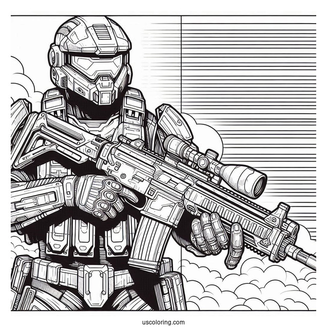 Detailed Futuristic Soldier Coloring Page Holding Weapon