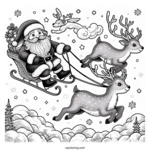 Santa Flying In The Sky With His Reindeer To Color