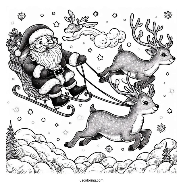 Santa Flying In The Sky With His Reindeer To Color