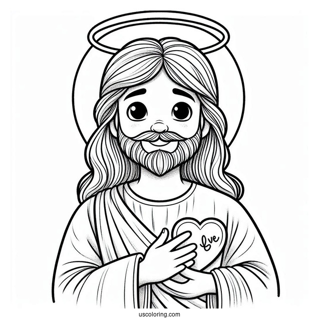 Smiling Jesus Coloring Pages With A Halo Holding A Love Heart For Preschoolers