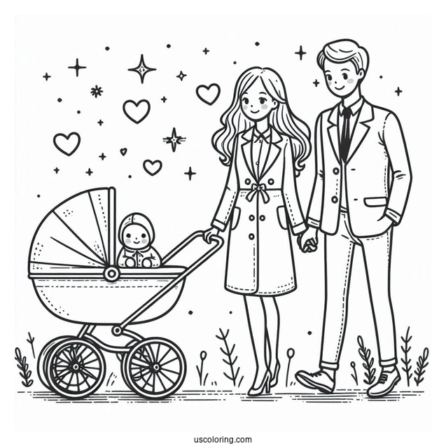 Mother And Father Walking Baby Coloring Page In Stroller
