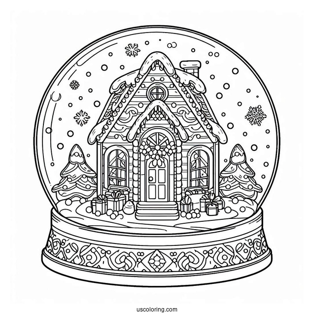 Gingerbread House Snow Globe Coloring Page For Kids