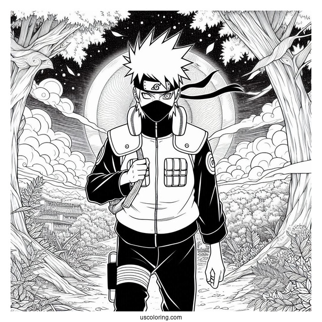 Hatake Kakashi Coloring Page In The Forest With Mangekyo Sharingan In The Sky