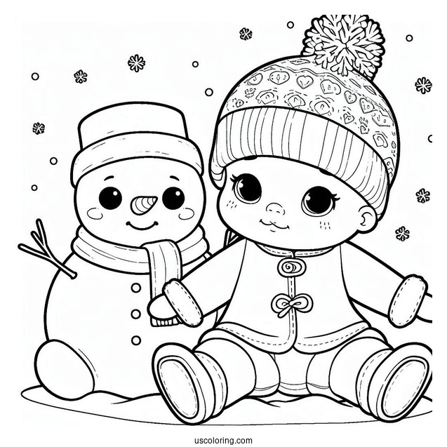 Baby Coloring Page In Winter Clothes Sitting Next To A Snowman