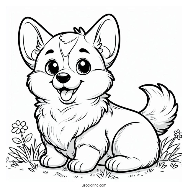 Happy Corgi Coloring Page Sitting On Grass