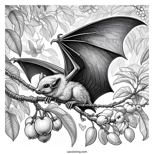 Close Up Of Realistic Bat Coloring Page Roosting On Fruit Tree