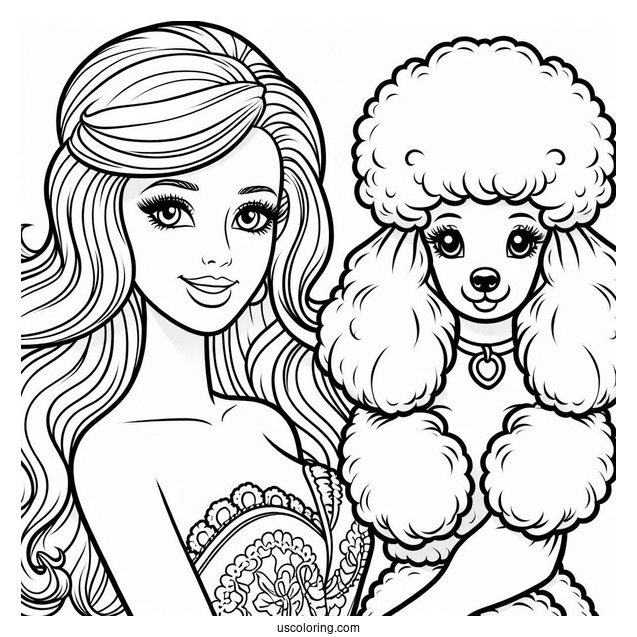 Barbie Holding Poodle Dog To Color