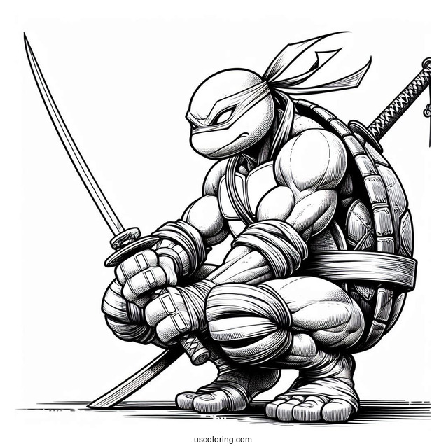 Ninja Turtles Coloring Page Of Leonardo Kneeling On Ground While Holding Katana