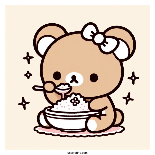 Rilakkuma Coloring Page Of Kawaii Chairoikoguma Eating Rice Bowl For Kids