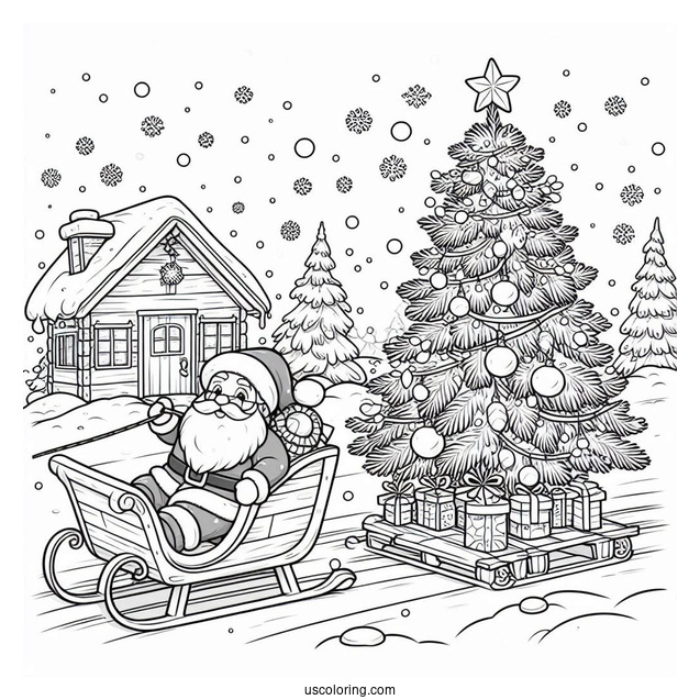 Santa Claus Hauling a Christmas Tree In The Snow