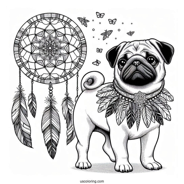 Pug Coloring Page Dreamcatcher with Feathers and Bones