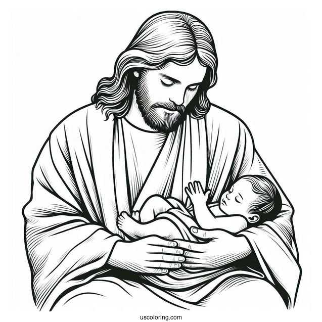 Jesus Coloring Page Cradling A Newborn Baby For Kids