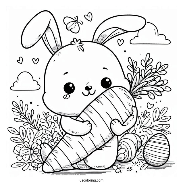 Smiling Easter Bunny Coloring Page Hugging Huge Carrot