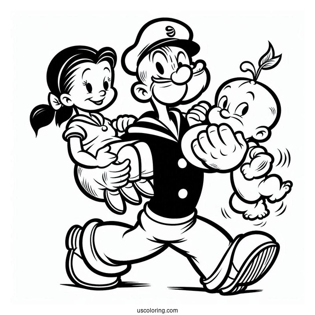 Popeye Coloring Page Carrying Swee Pea, Eugene, And Olive Oyl