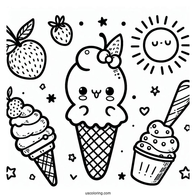 Summer Coloring Page Of Cute Ice Cream For Preschoolers