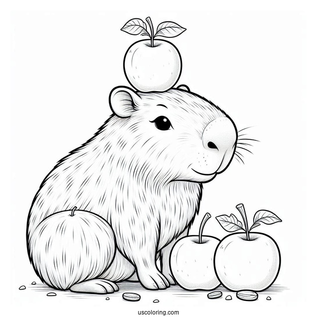 Capybara Coloring Page Balancing Apples On Its Head