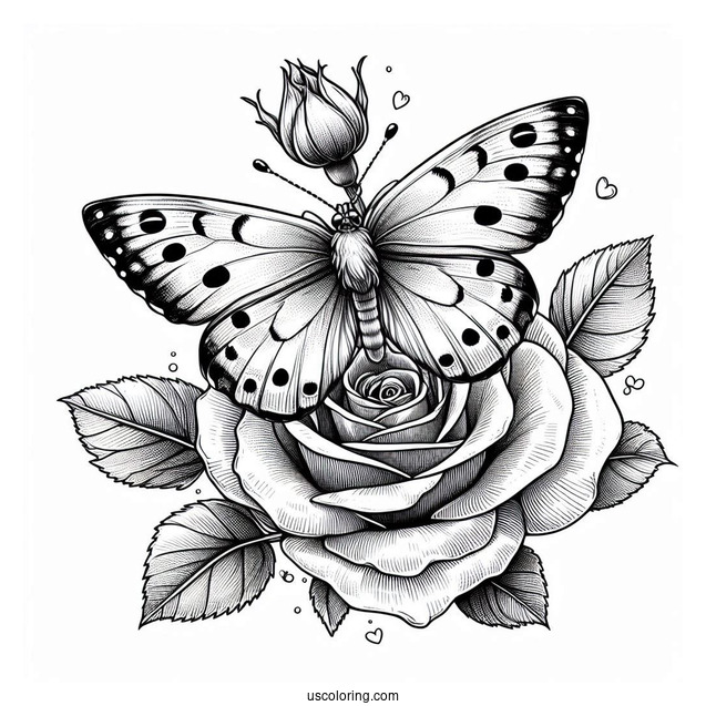 Realistic Butterfly Coloring Page On A Large Rose